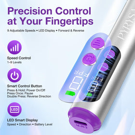 PYRYSA LED display illuminated showing speed and battery status for accurate adjustments
