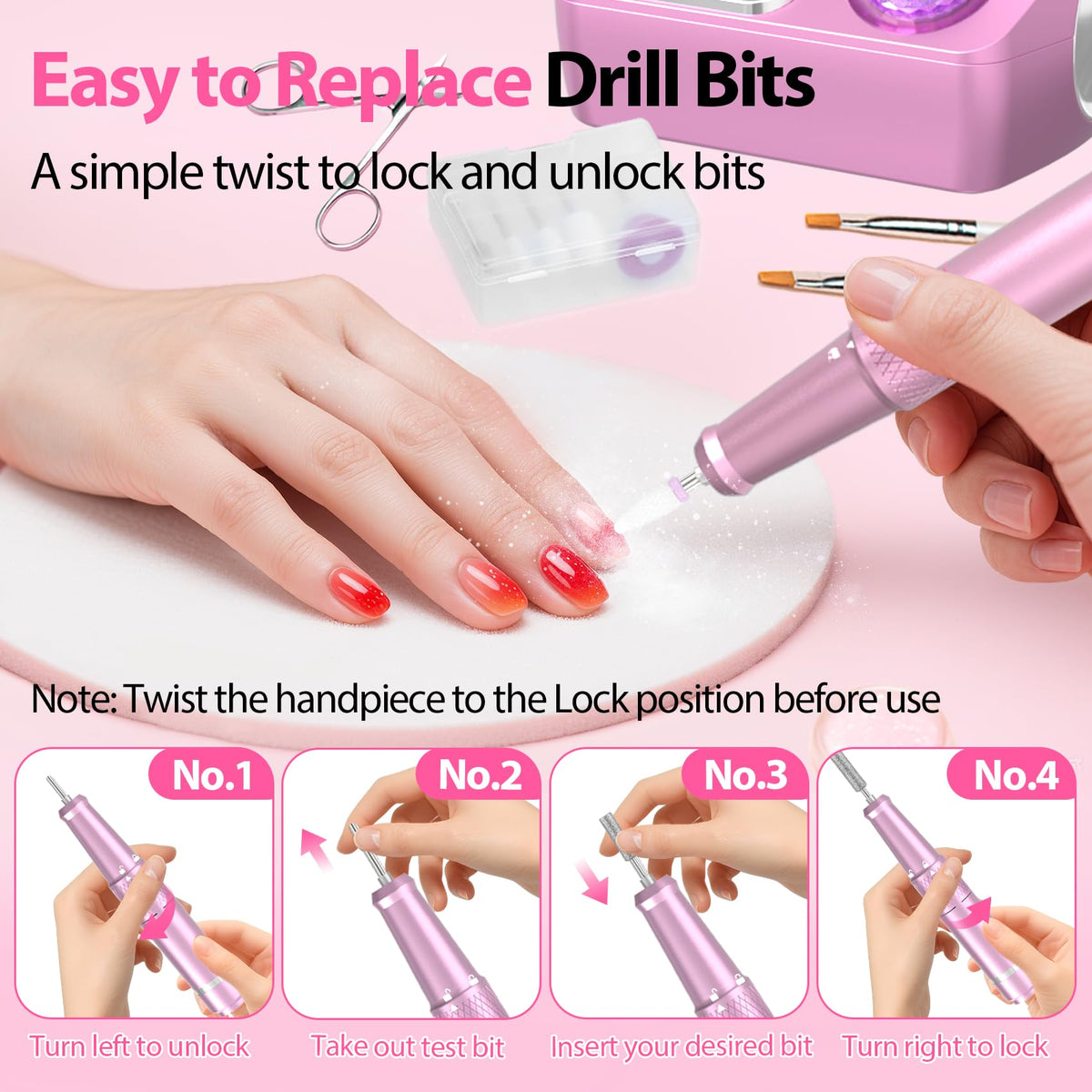 PYVOLA assortment of 12 drill bits laid out for versatile acrylic and gel nail tasks