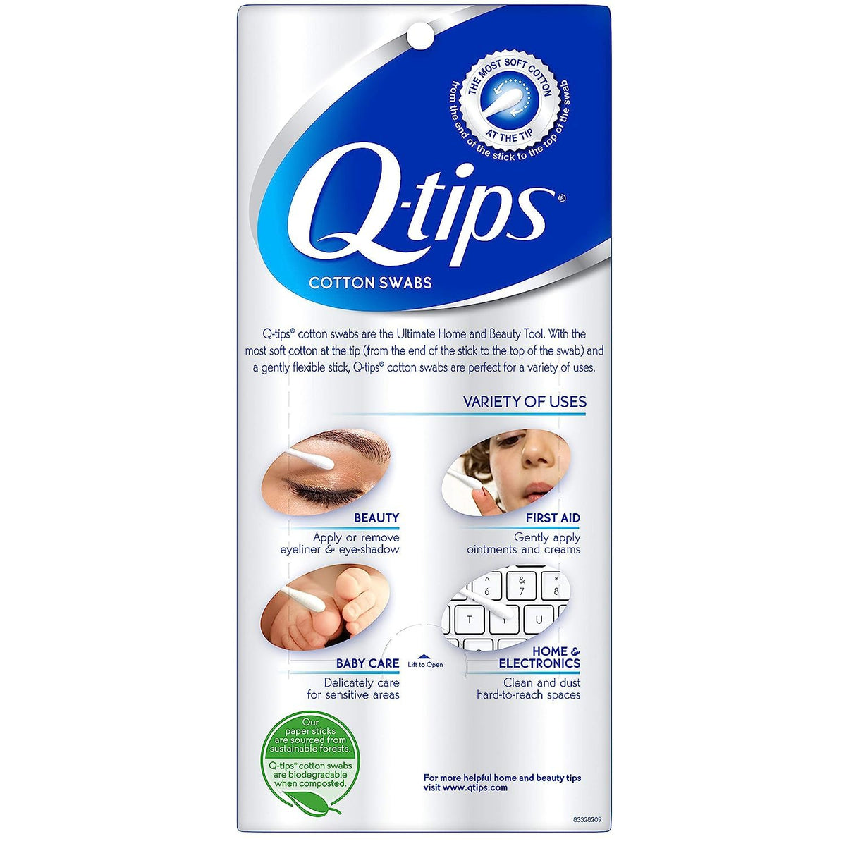 Q-tips cotton tip close-up showing soft 100% cotton absorbency