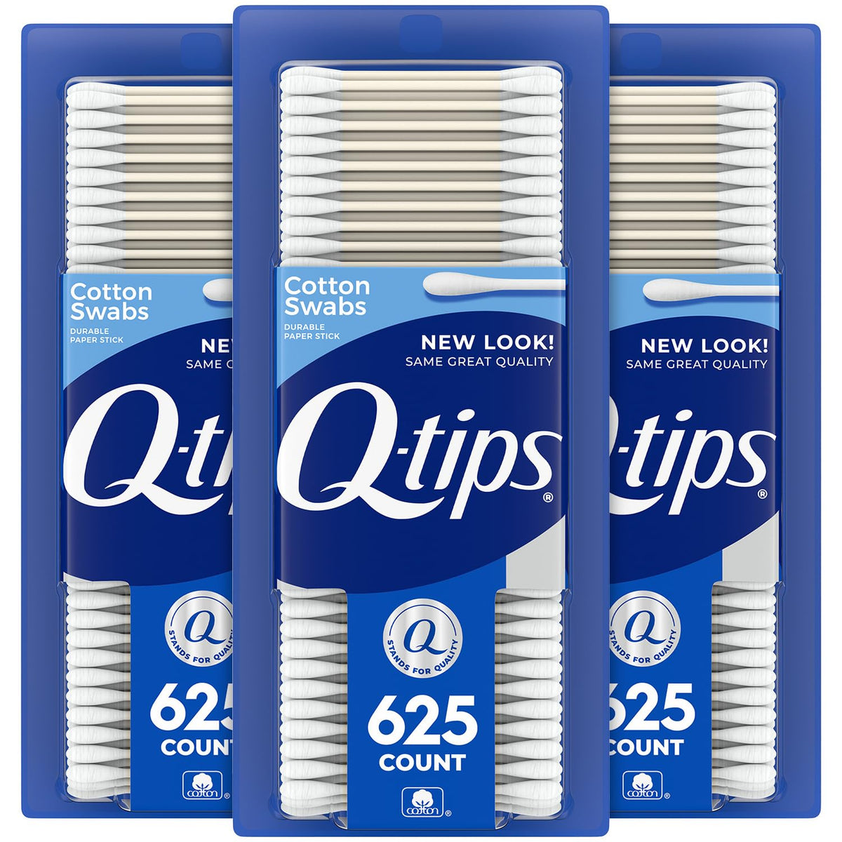 Q-tips front pack showing 625-count for long-lasting household supply