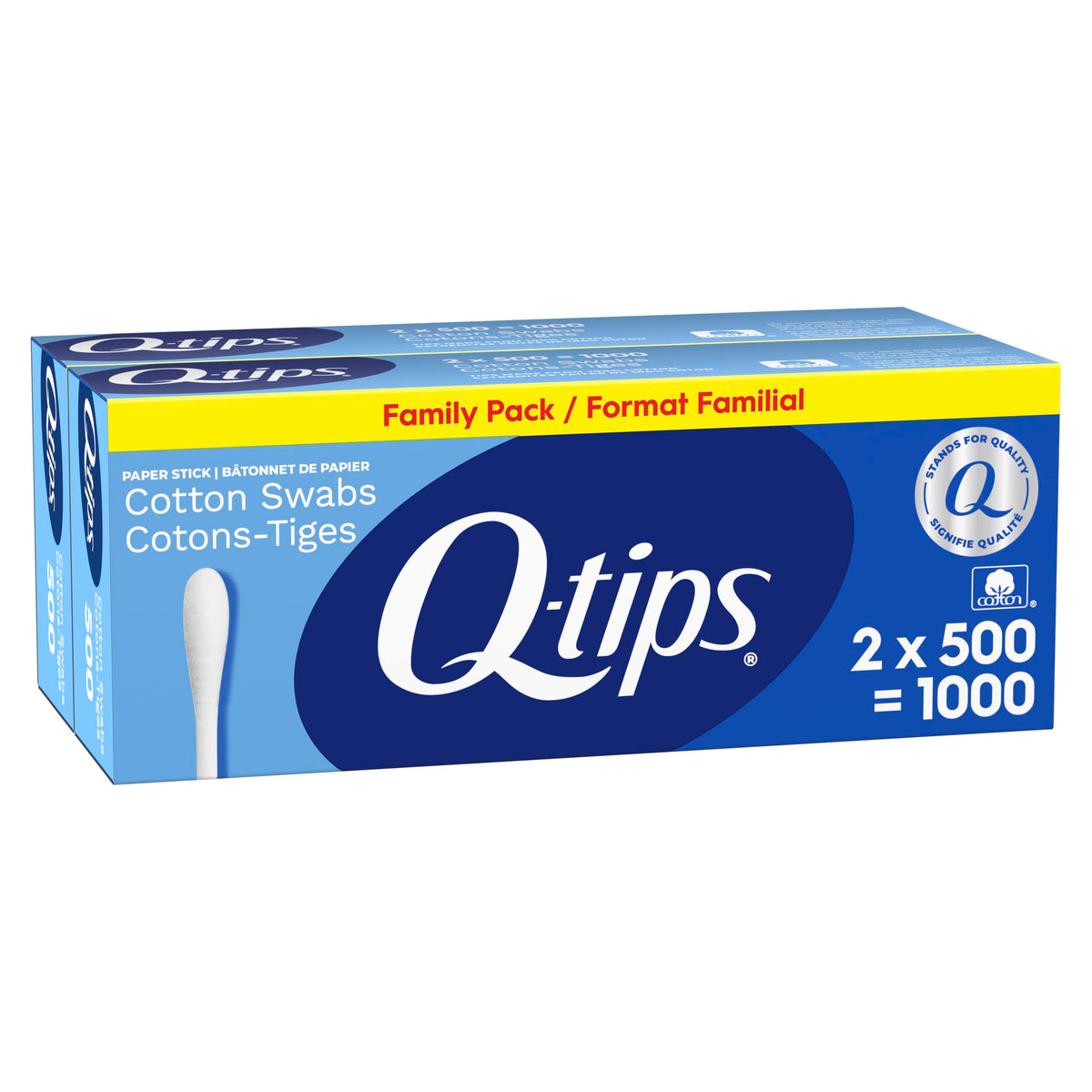 Q-tips front packaging showing brand and count for quick identification and storage benefit