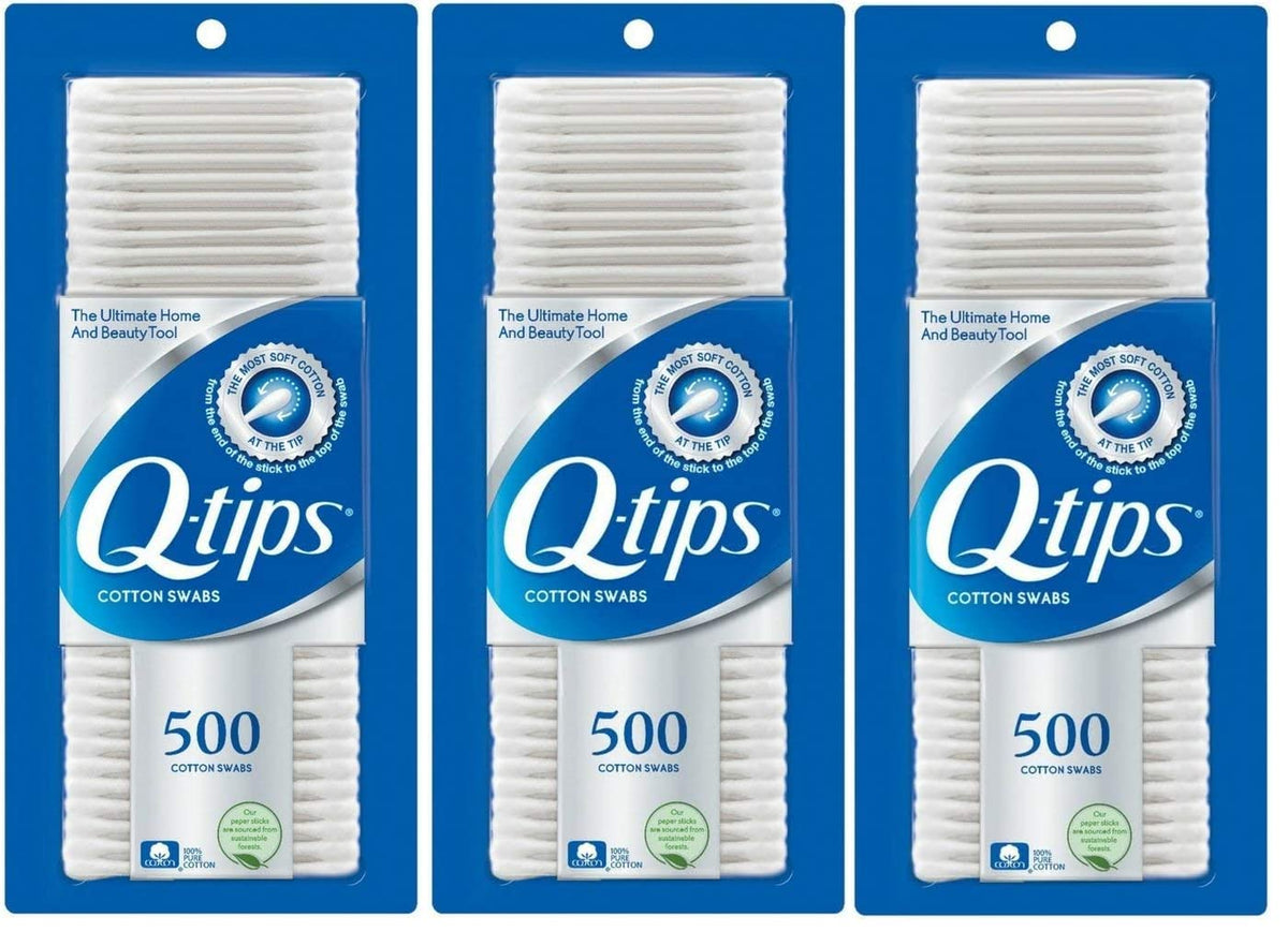 Q-Tips front packaging showing three-pack and count for easy storage and convenience