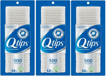 Q-Tips front packaging showing three-pack and count for easy storage and convenience