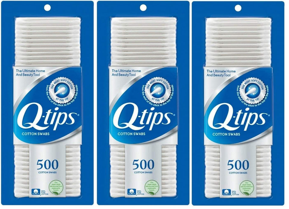 Q-Tips front packaging showing three-pack and count for easy storage and convenience