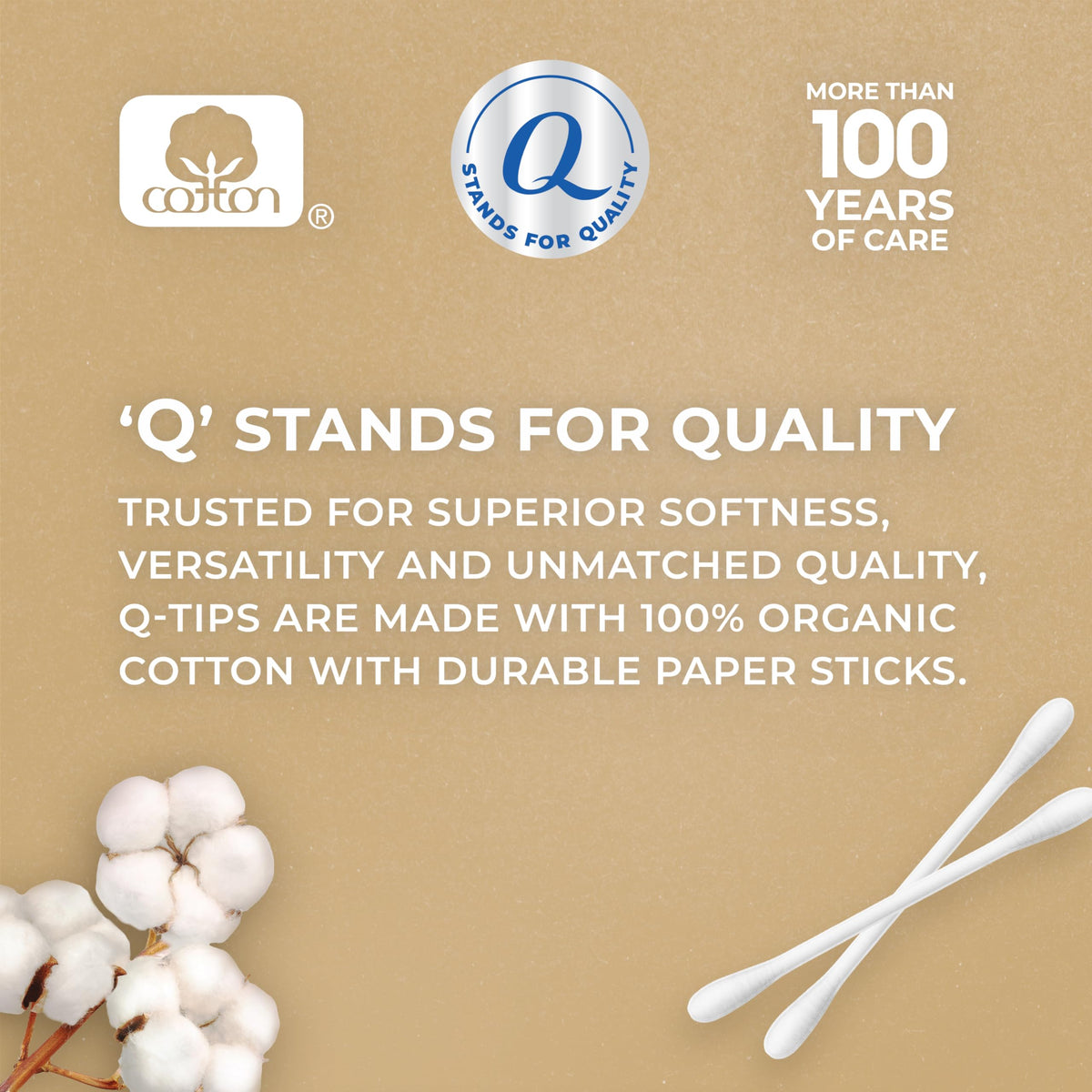 Close-up of Q-tips organic cotton tip highlighting softness and gentle touch
