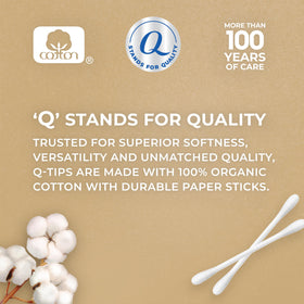 Close-up of Q-tips organic cotton tip highlighting softness and gentle touch