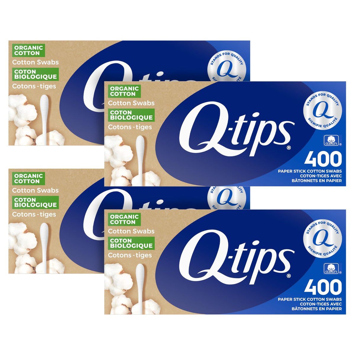 Q-tips packaging front view showing organic cotton and pack size benefit