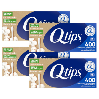 Q-tips packaging front view showing organic cotton and pack size benefit