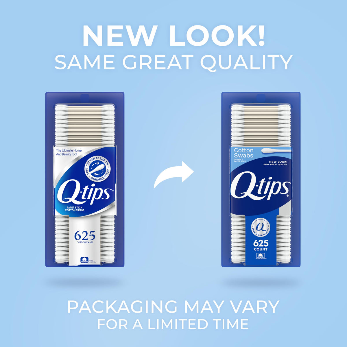 Q-tips stacked boxes illustrating three-pack convenience and storage