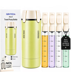 QBVPZDA front view of green 4-in-1 dispenser, compact travel organization benefit