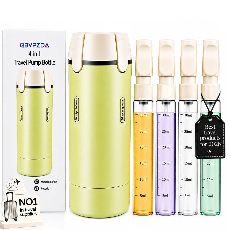 QBVPZDA front view of green 4-in-1 dispenser, compact travel organization benefit