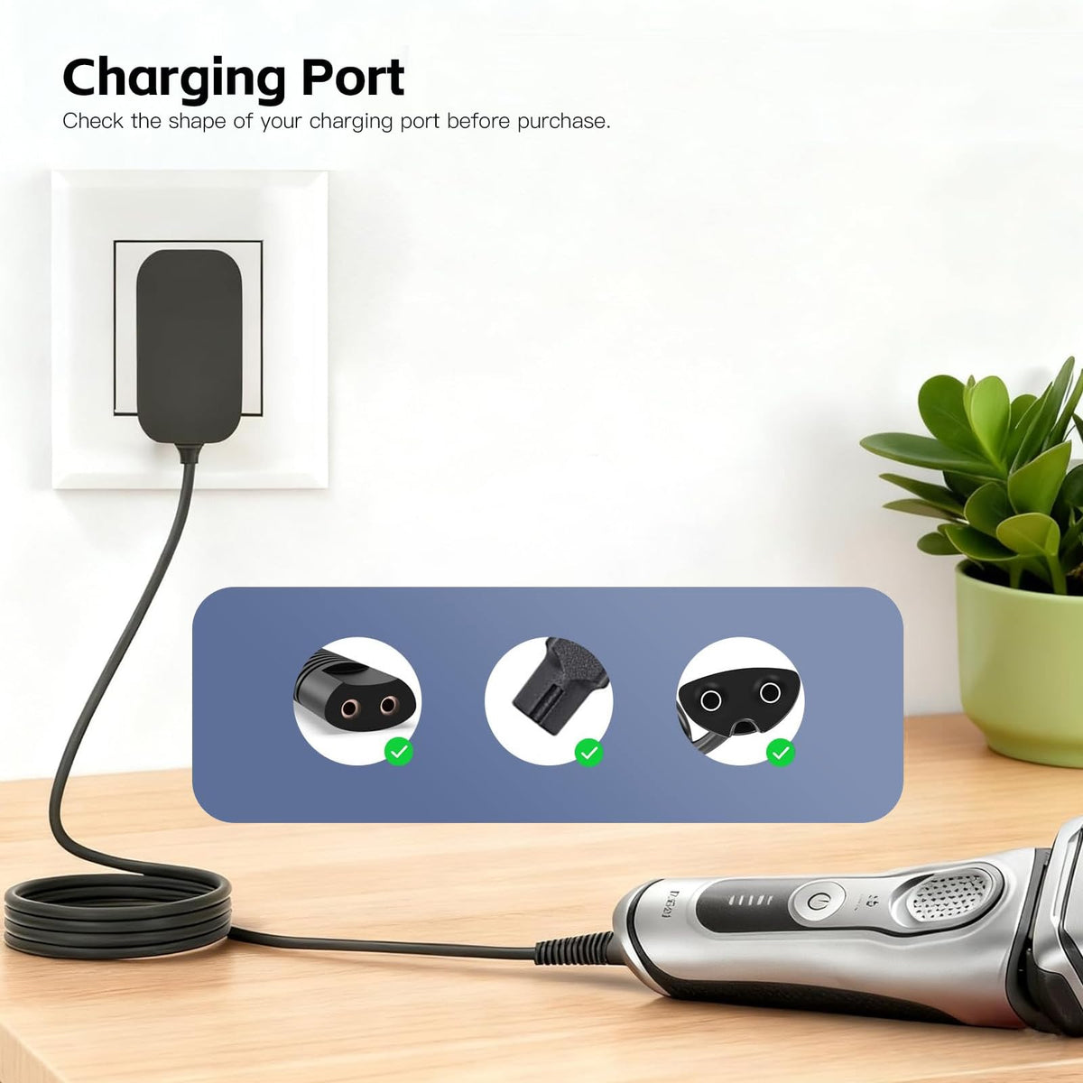 QCCAC close-up of barrel connector matching Braun shaver port for secure charging