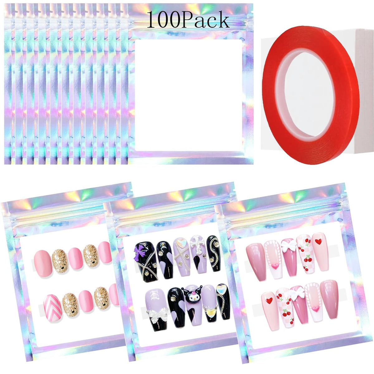 Qenk holographic bag front view showing transparent panel and attractive finish for display