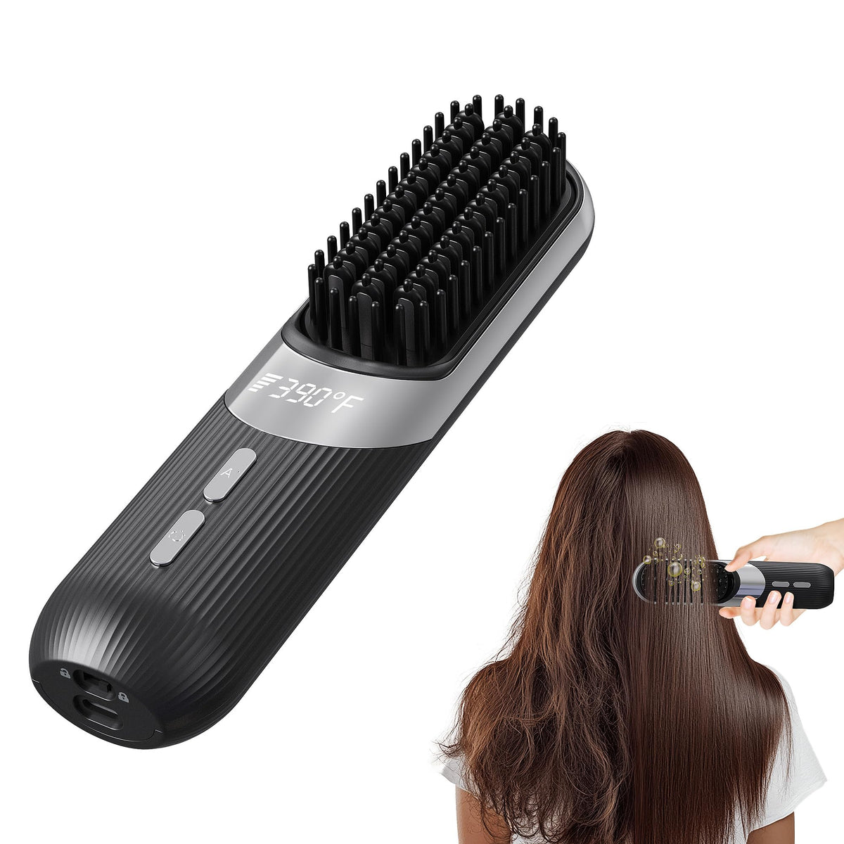 QEOWUO cordless hair brush front view showing compact design and portability