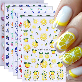 QEYRIYI front packaging showing six fruit nail sticker sheets and vibrant colors for easy selection