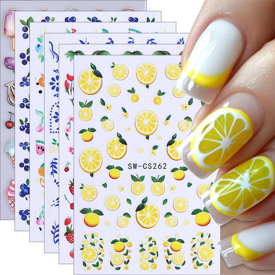 QEYRIYI front packaging showing six fruit nail sticker sheets and vibrant colors for easy selection