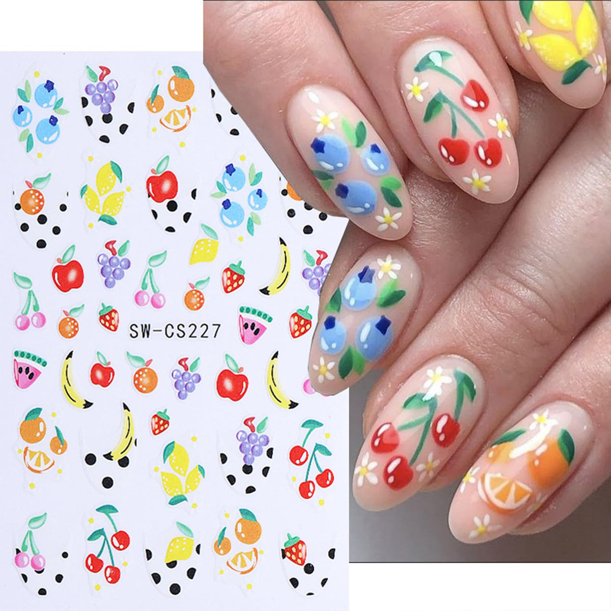 QEYRIYI stickers applied on nails close-up demonstrating neat adhesion and colorful summer look