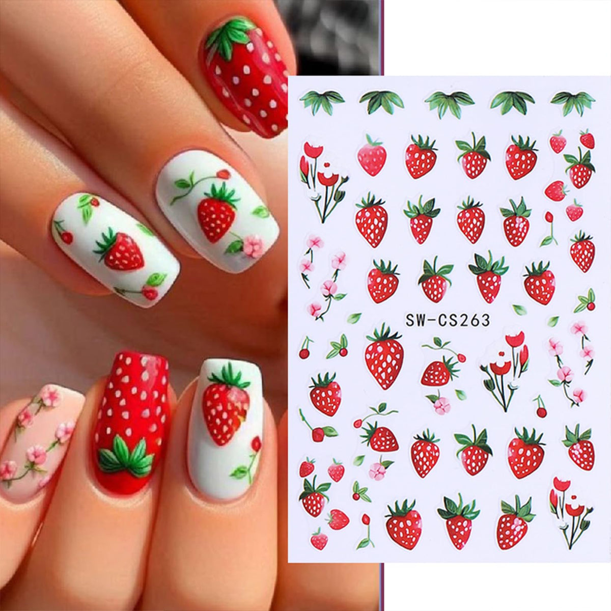 QEYRIYI close-up sheet with strawberry, lemon and blueberry stickers highlighting variety and ease