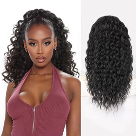 QGZ front packaging showing black drawstring ponytail and benefits of instant volume