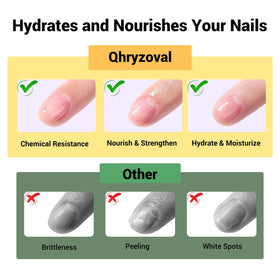 Qhryzoval before and after nails showing softened gel removal benefit
