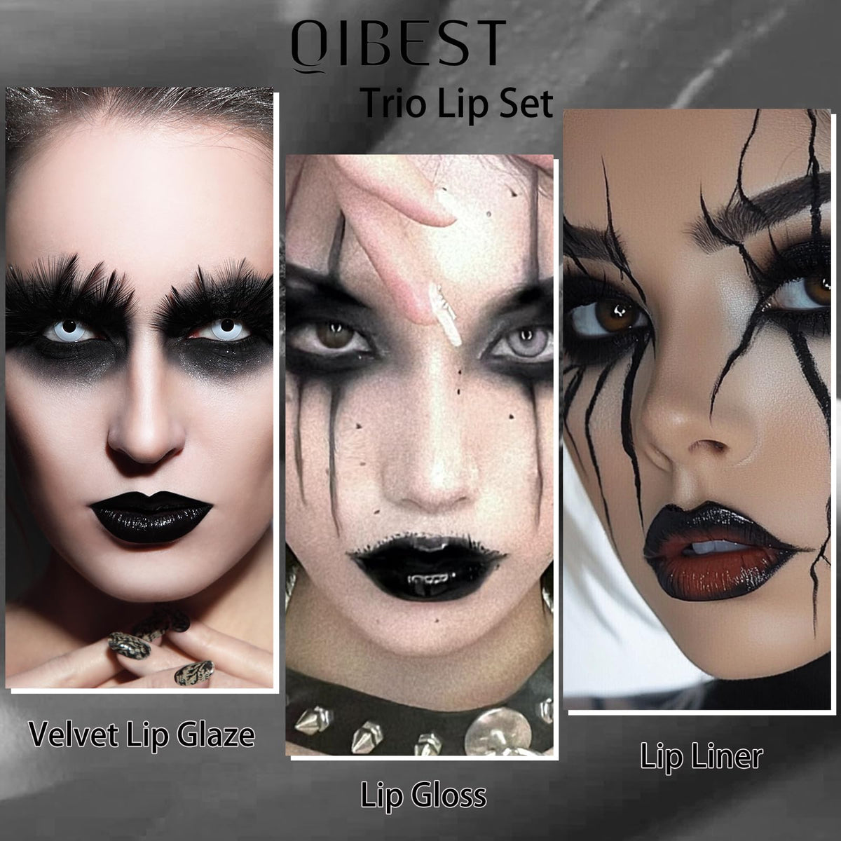 QiBest model applying black lipstick illustrating dramatic goth style
