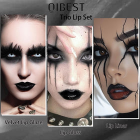 QiBest model applying black lipstick illustrating dramatic goth style