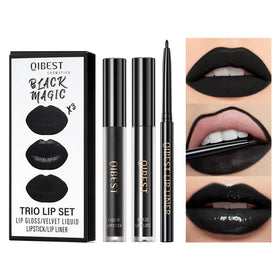 QiBest front packaging showing the 3-in-1 black lip kit benefits