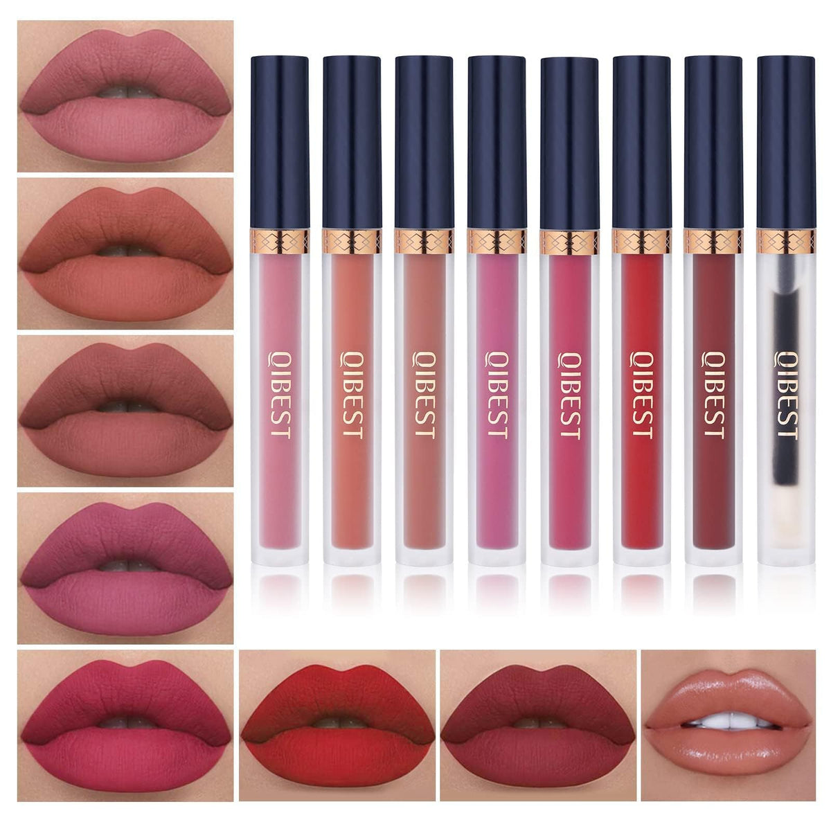 QiBest front packaging of 8-piece lip kit showing compact gift-ready box and contents