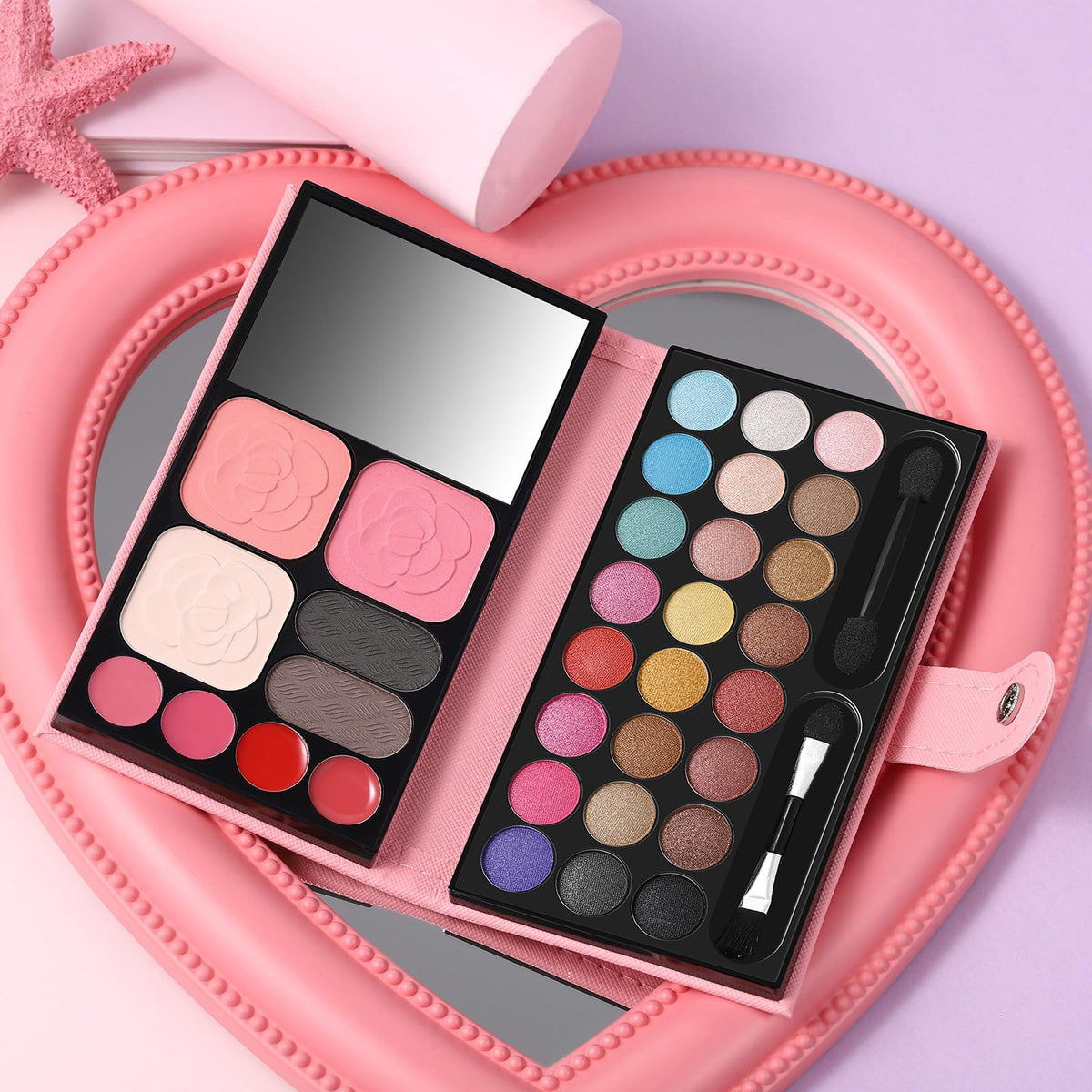 QiBest on a vanity with travel bag to highlight convenience and complete makeup solution