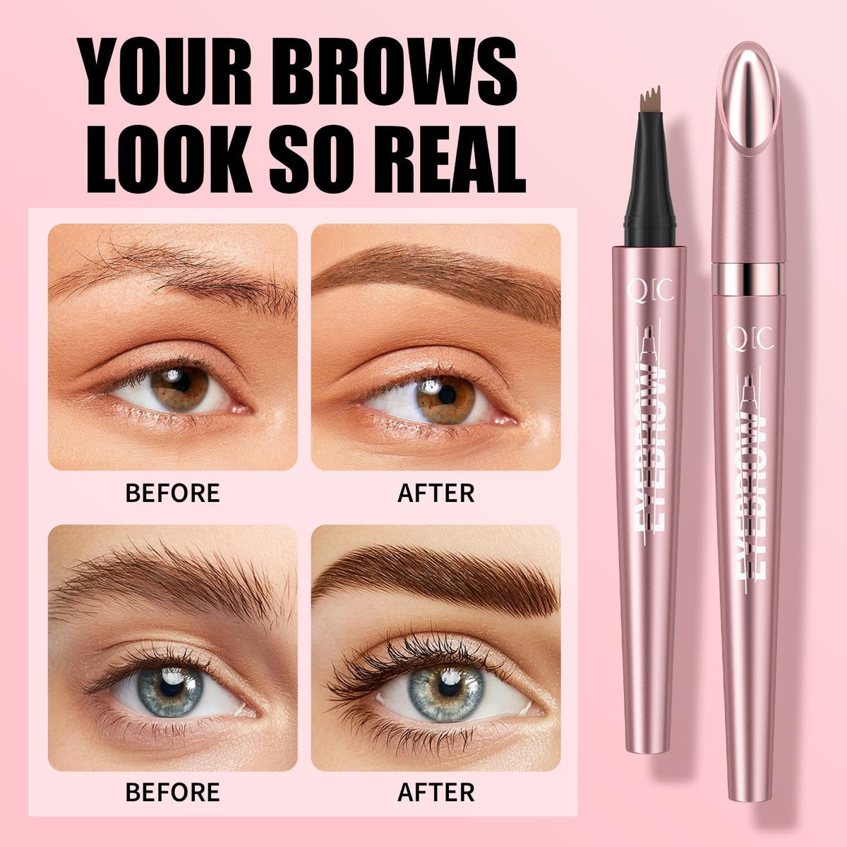 QIC eyebrow pen held in hand to show compact size and travel-friendly benefit