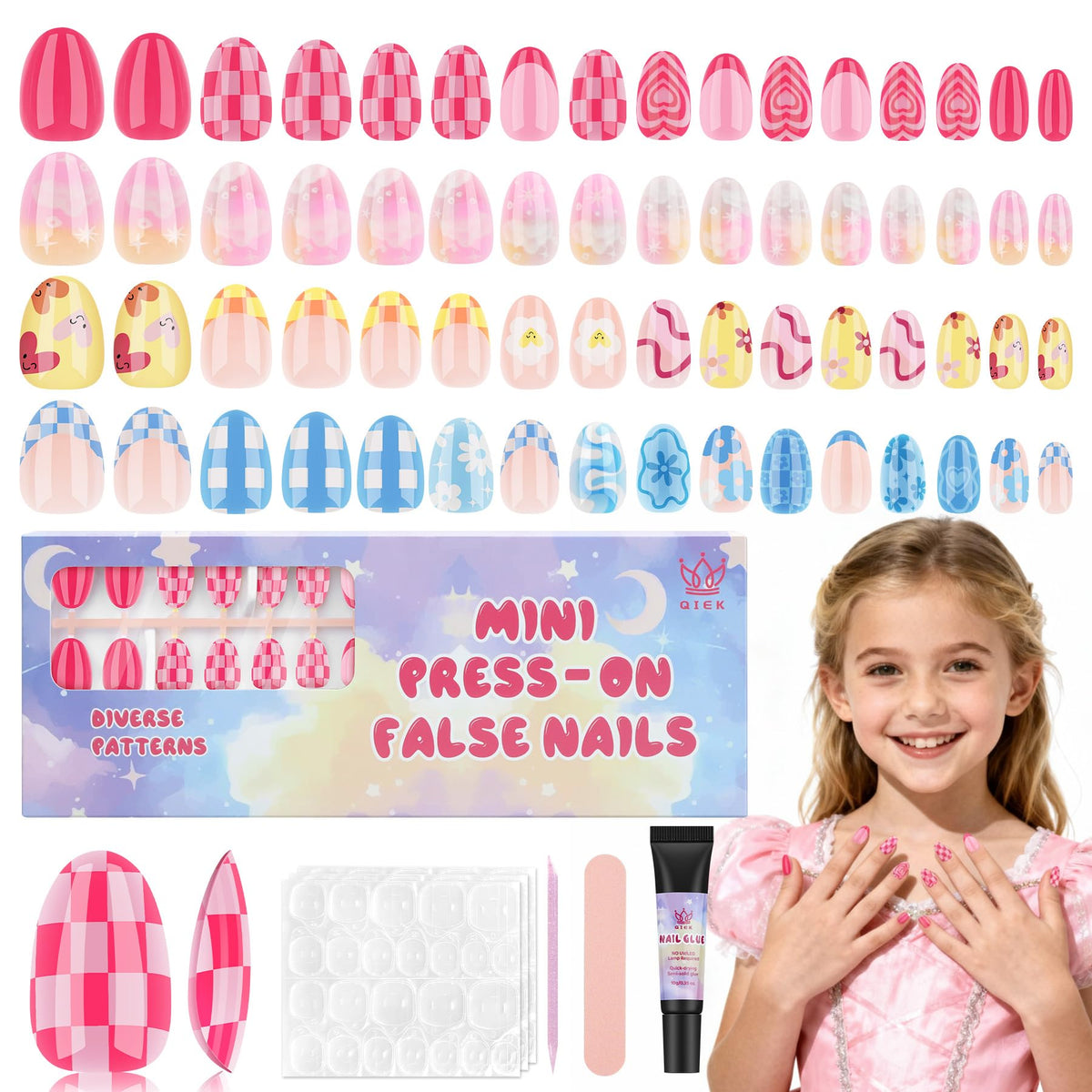 Qiek front box display showing four colorful press-on sets and contents, perfect gift