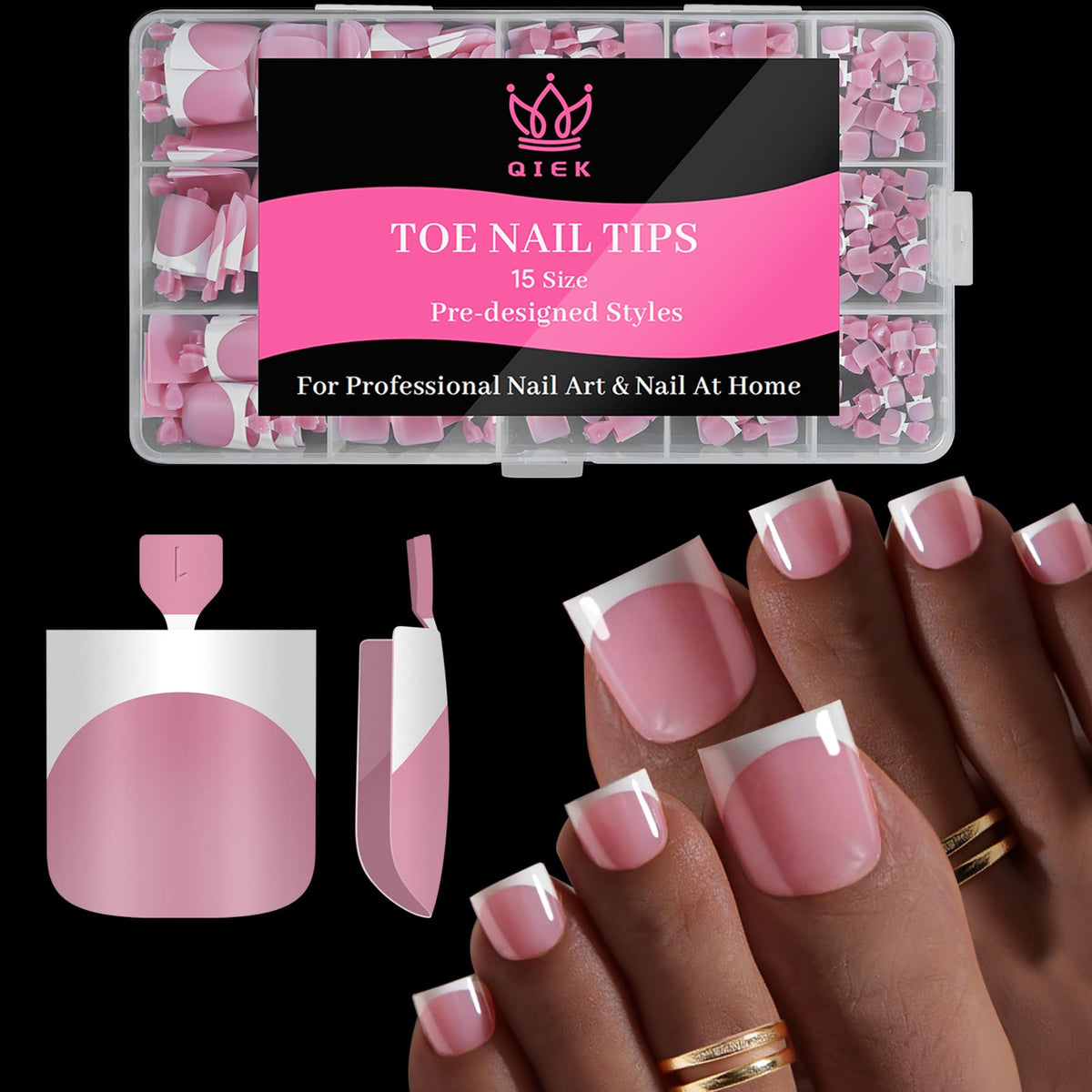 QIEK front packaging showing deep pink French toe tips and benefits