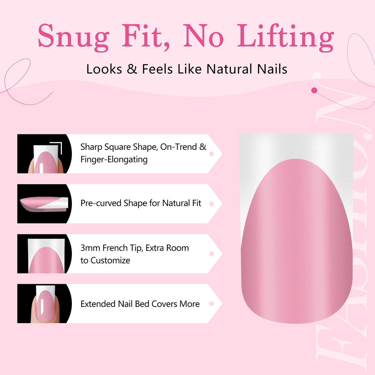 QIEK nails on finger showing short square scale for natural fit benefit