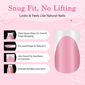 QIEK nails on finger showing short square scale for natural fit benefit