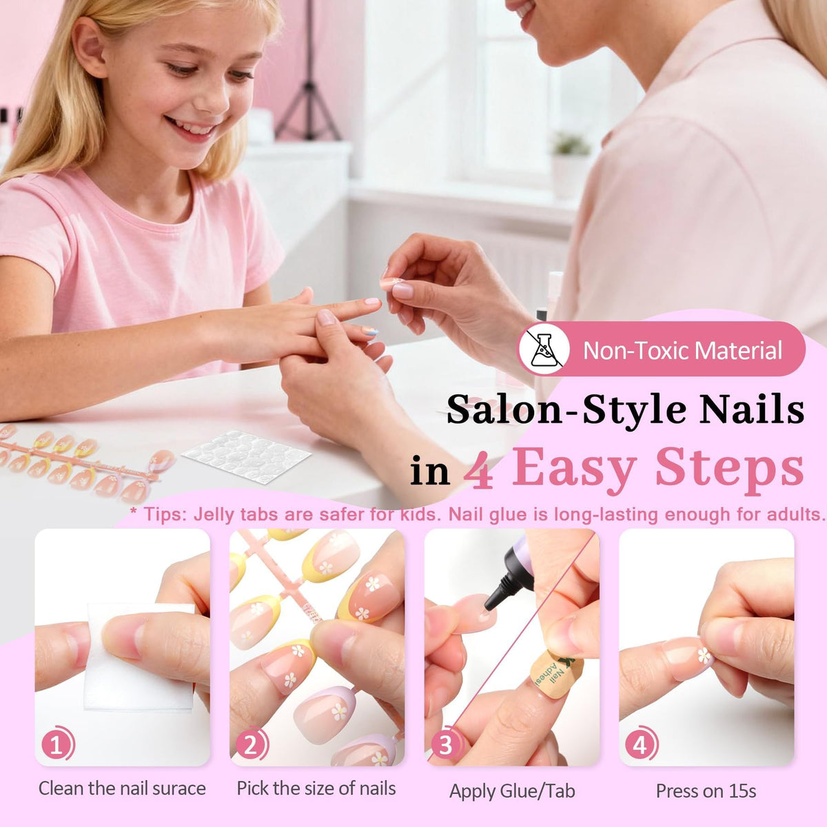 QIEK nails on hands for kids showing natural-looking, comfortable wear