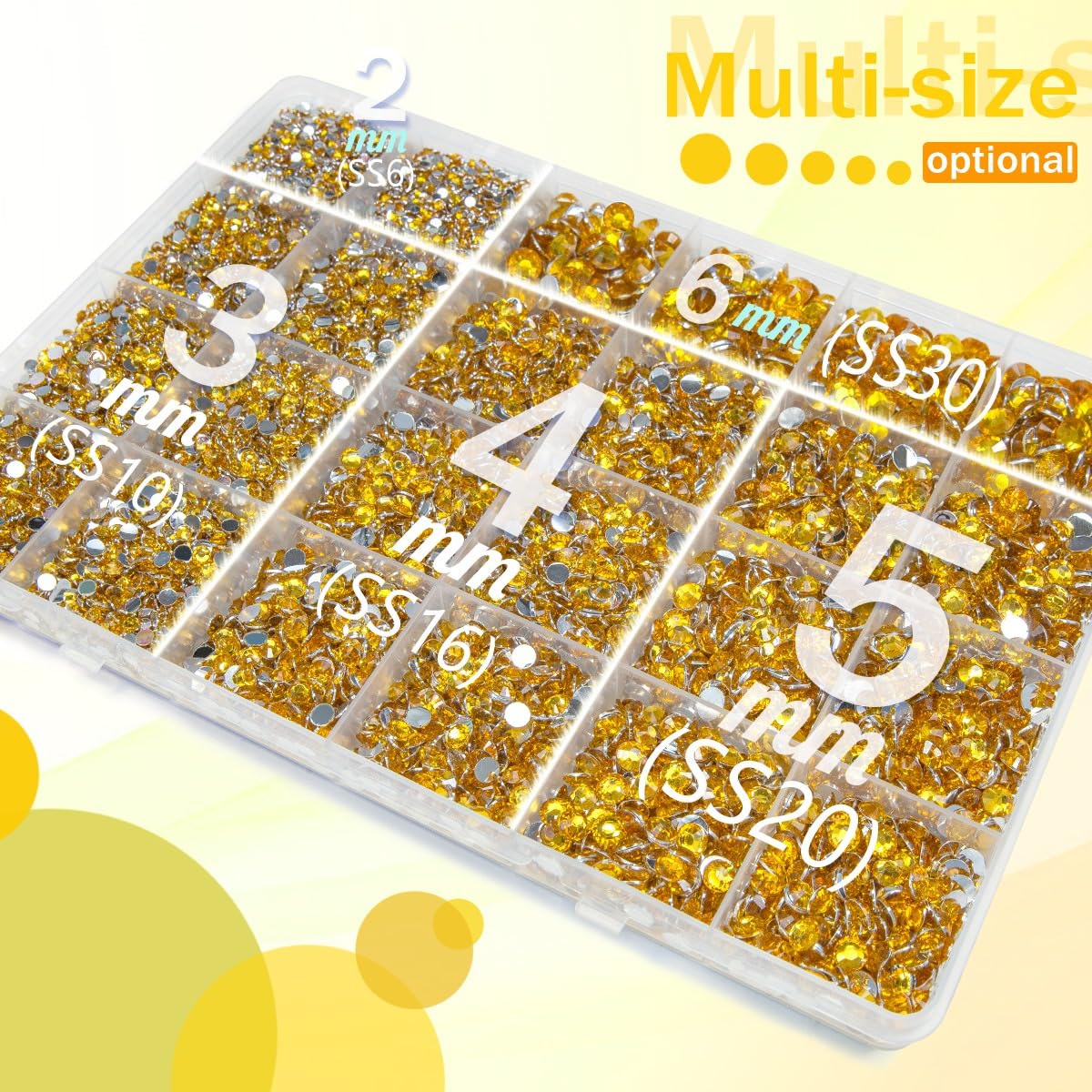 qiipii size comparison of 2mm to 6mm rhinestones laid out for pattern planning and sizing clarity
