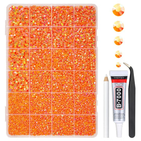 qiipii front box open showing neon orange AB rhinestones and included glue for easy crafting