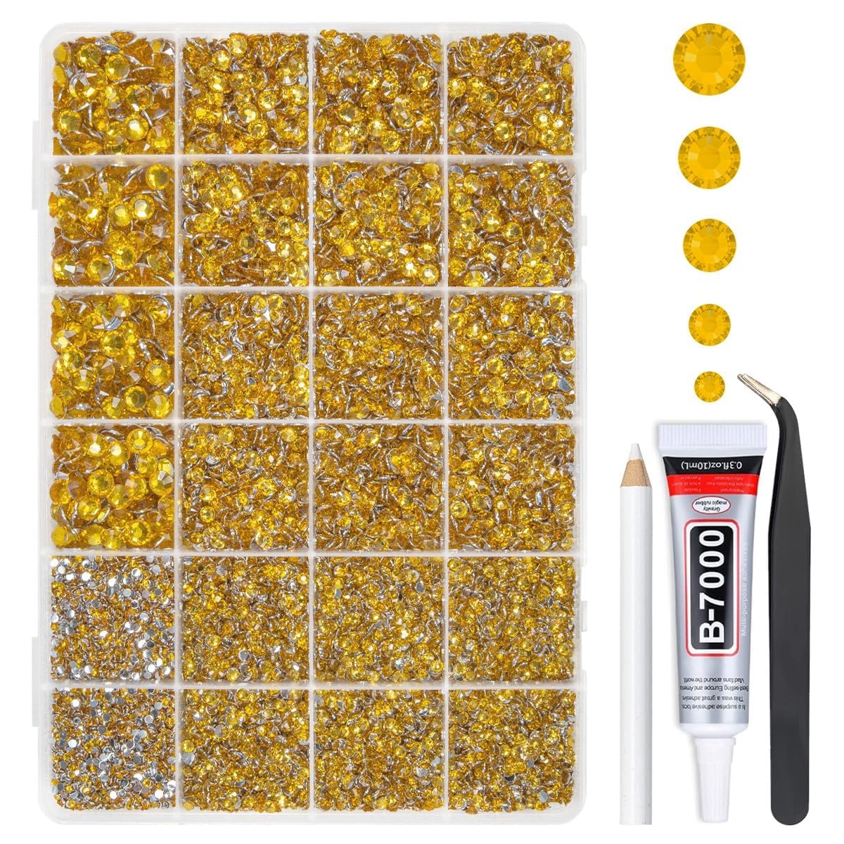 qiipii front packaging showing golden yellow resin rhinestones and included glue, clear presentation benefit