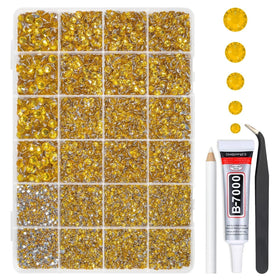 qiipii front packaging showing golden yellow resin rhinestones and included glue, clear presentation benefit