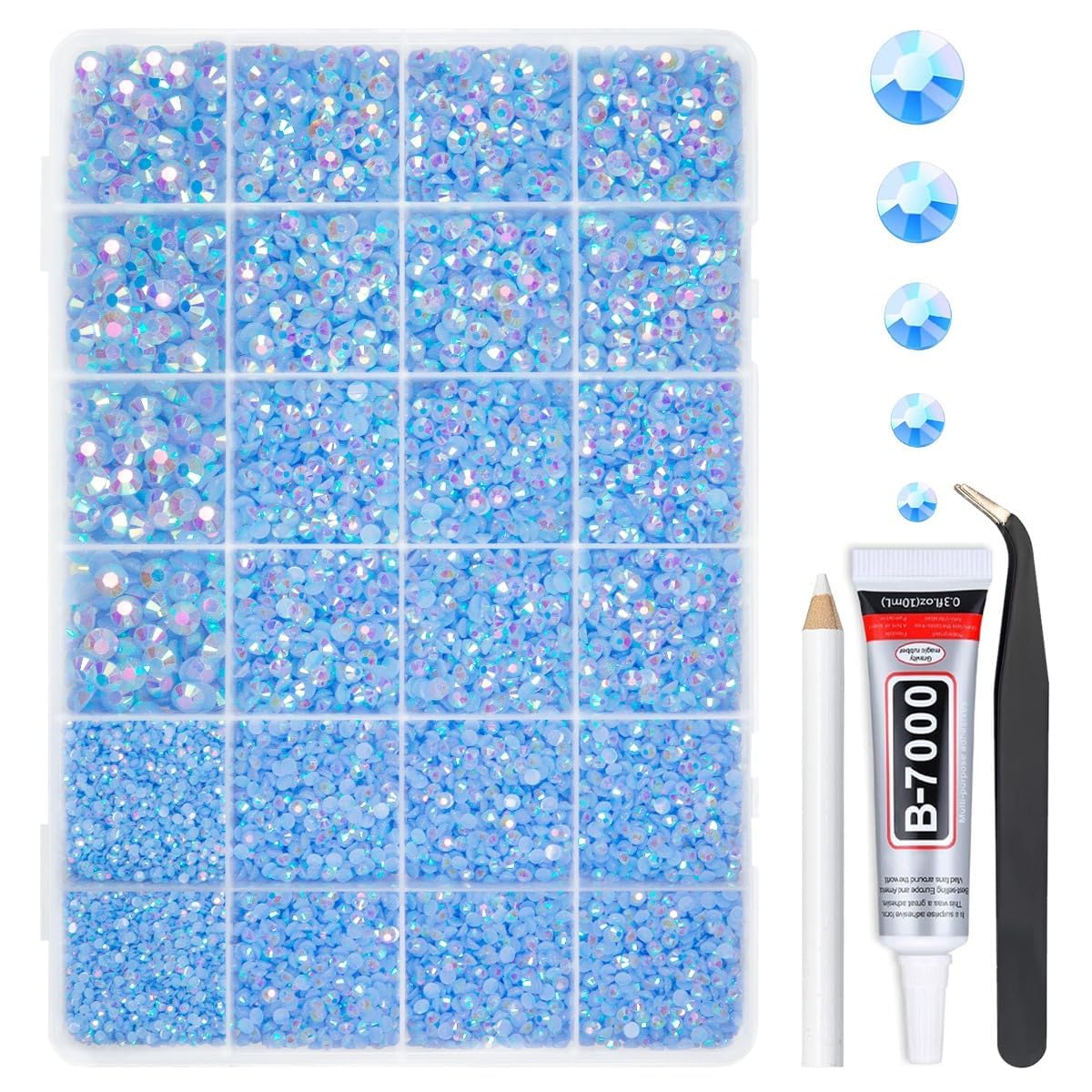 qiipii front packaging showing light blue AB rhinestones and included glue for easy crafting