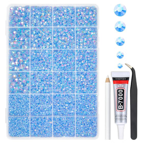 qiipii front packaging showing light blue AB rhinestones and included glue for easy crafting