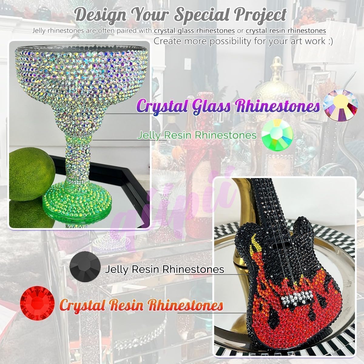 qiipii craft table with rhinestones, glue and tools depicting an organized DIY setup