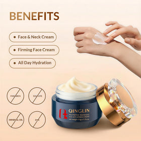 QINGLIN cream being applied to face and neck for firmer-looking benefit