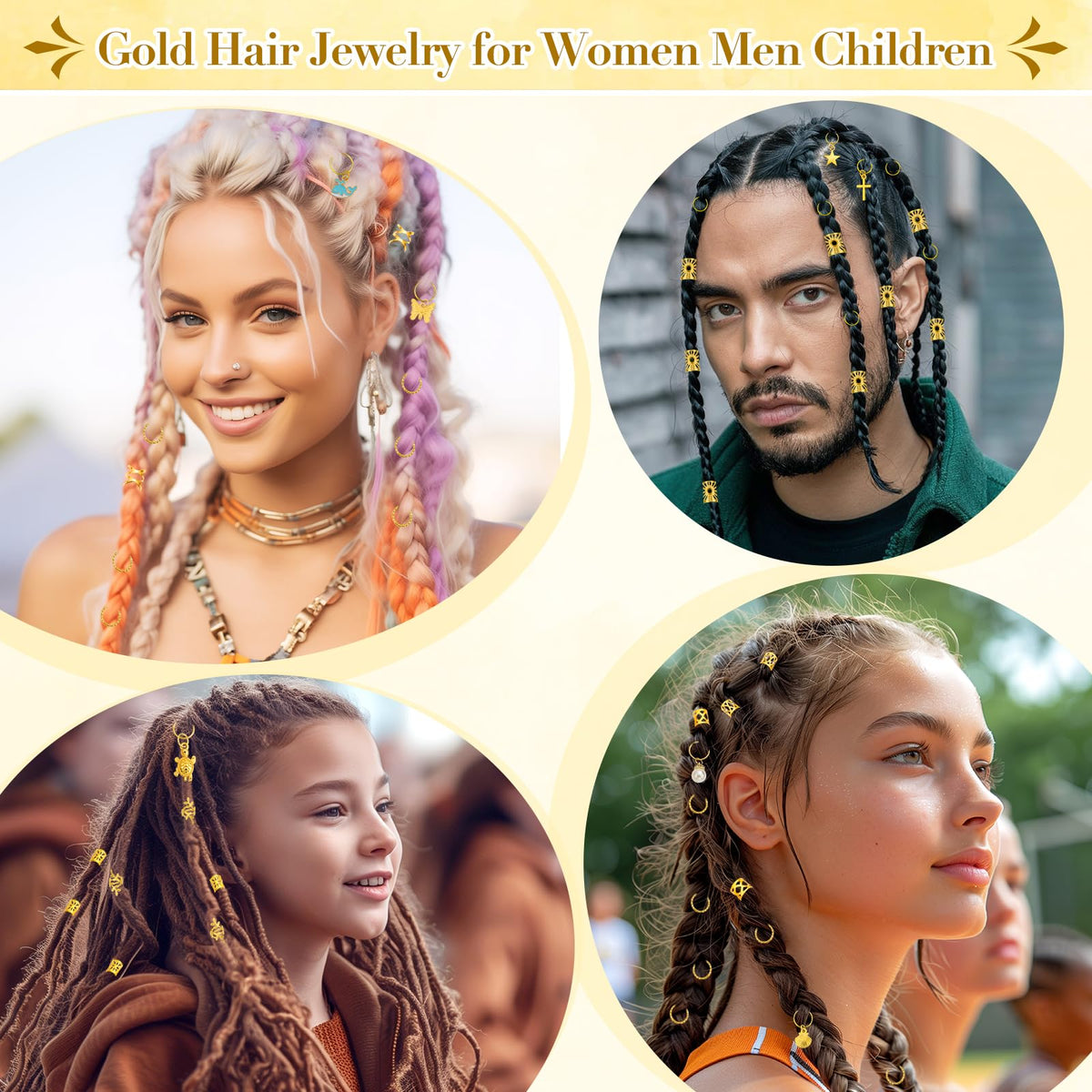 Qinzave hair charms applied on braids demonstrating decorative shine and finish