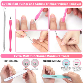 Qinzave complete kit flatlay showing tips, glue, tools, stands for ready-to-use setup