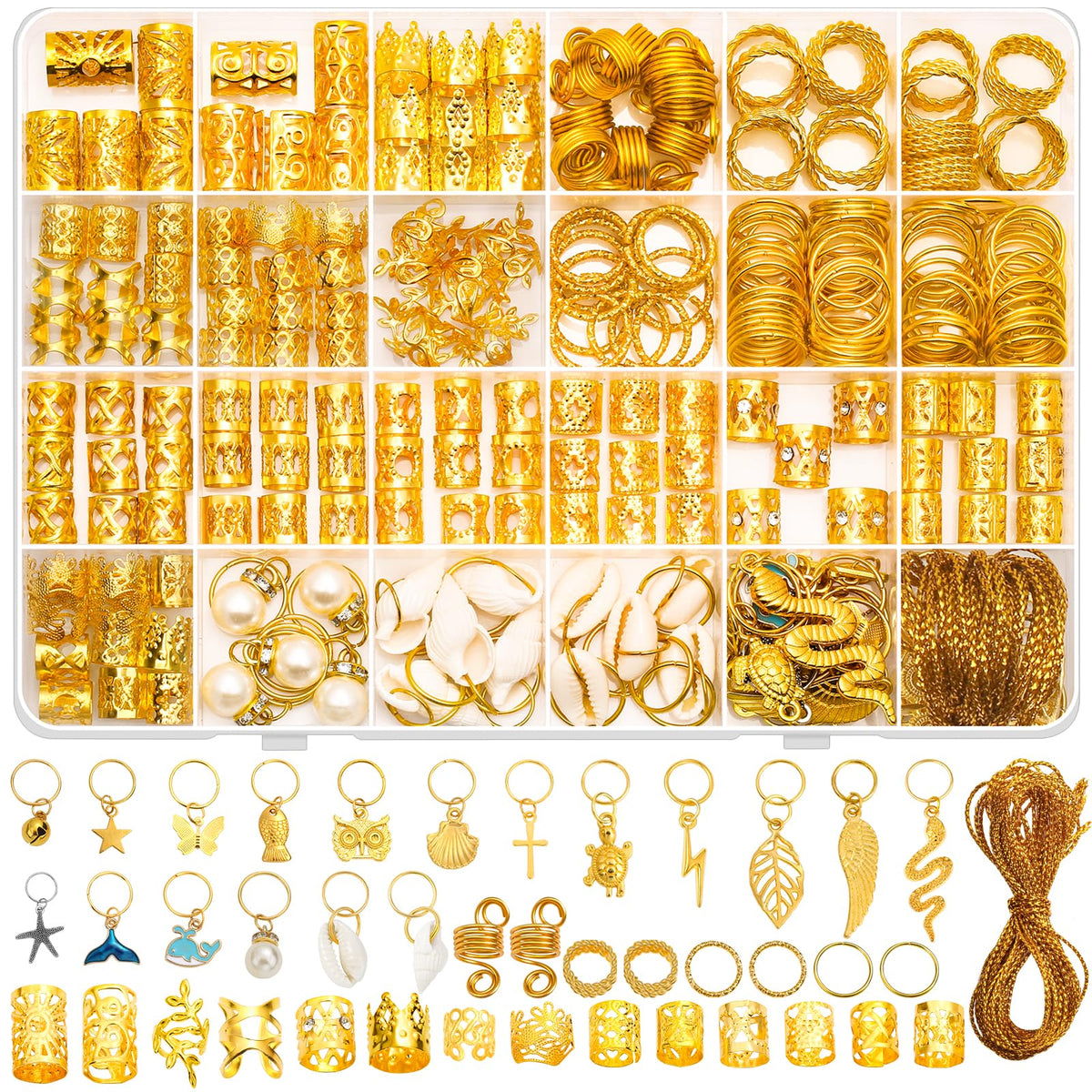 Qinzave front packaging showing full 285-piece gold braid jewelry set for styling