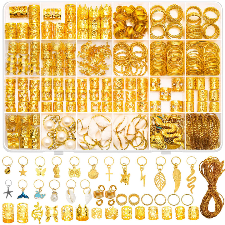 Qinzave front packaging showing full 285-piece gold braid jewelry set for styling