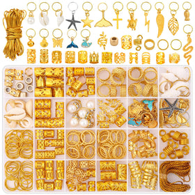 Qinzave front packaging showing 255-piece gold hair charms set, organized for convenience