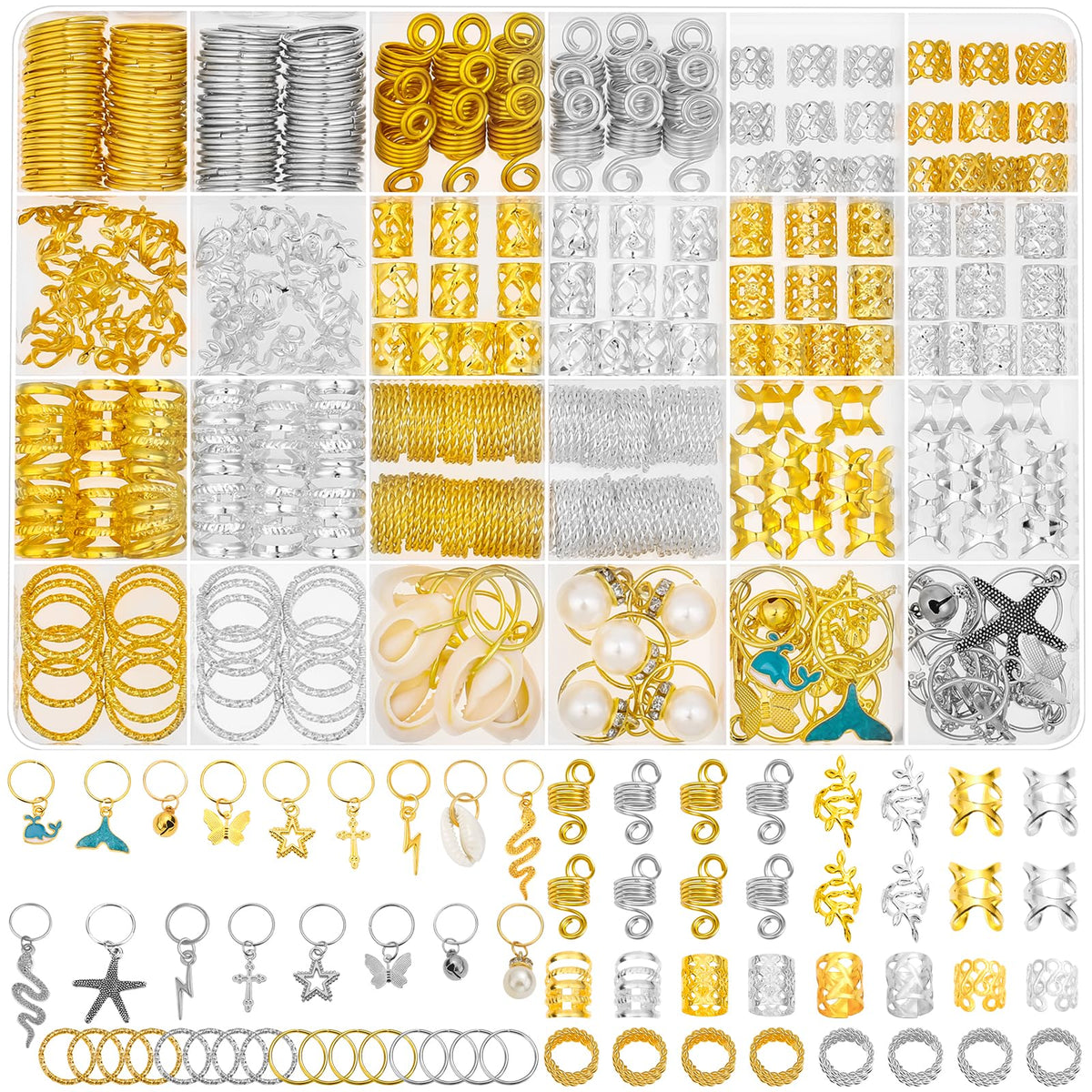 Qinzave front packaging showing full 305-piece gold and silver hair jewelry set for versatile styling