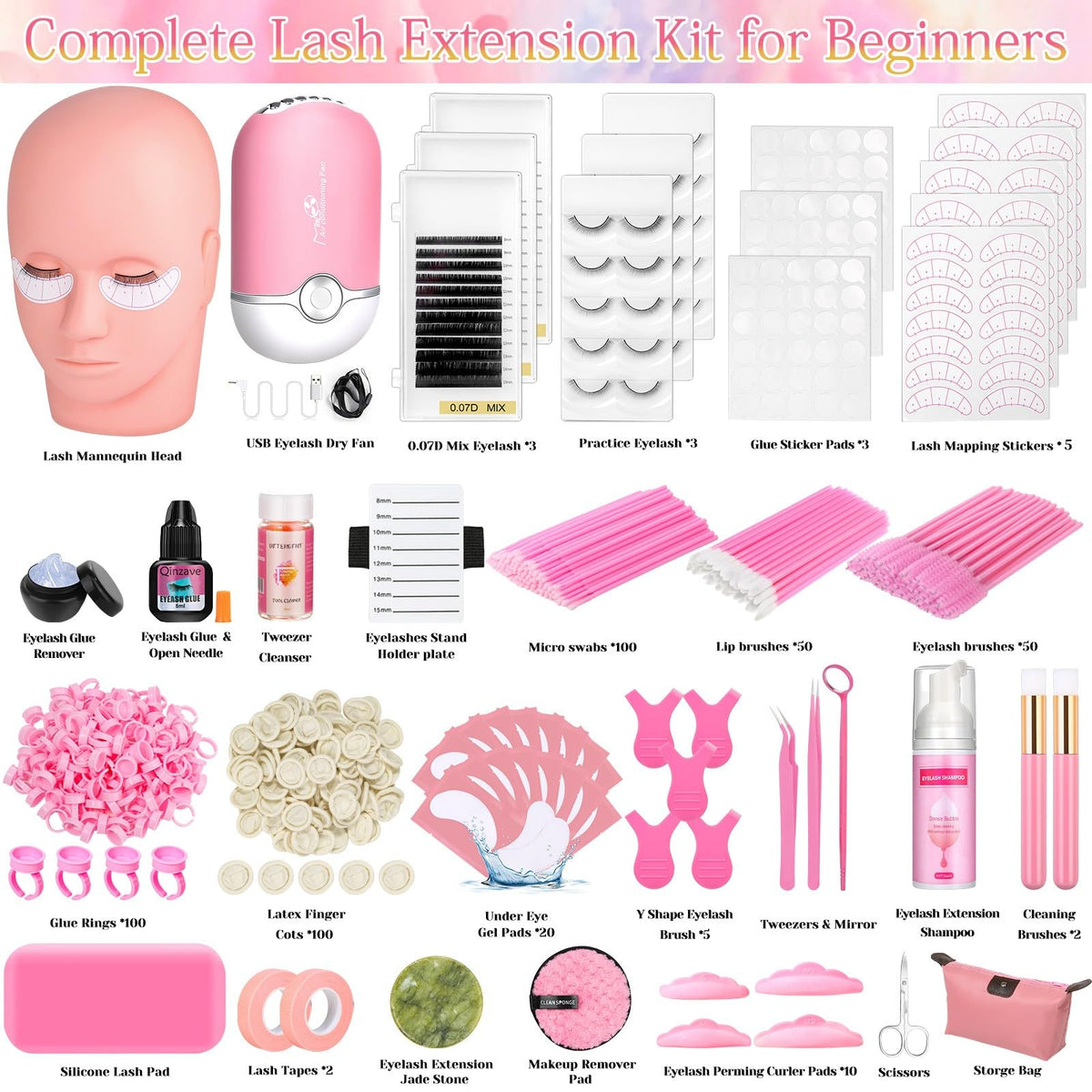 Qinzave full kit overhead layout with tools and lashes for comprehensive training